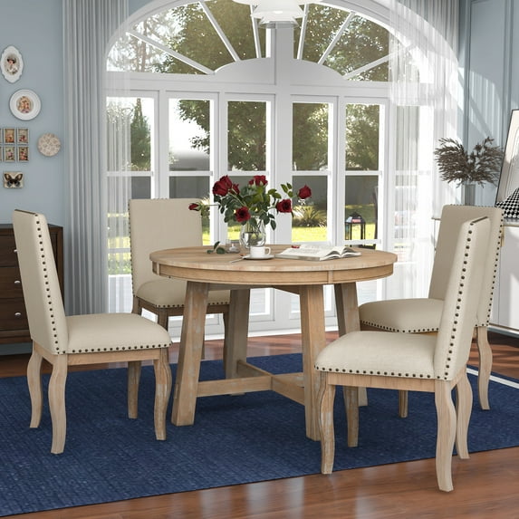 EUROCO 5-Piece Farmhouse Dining Table Set,Extendable Round Kitchen ...