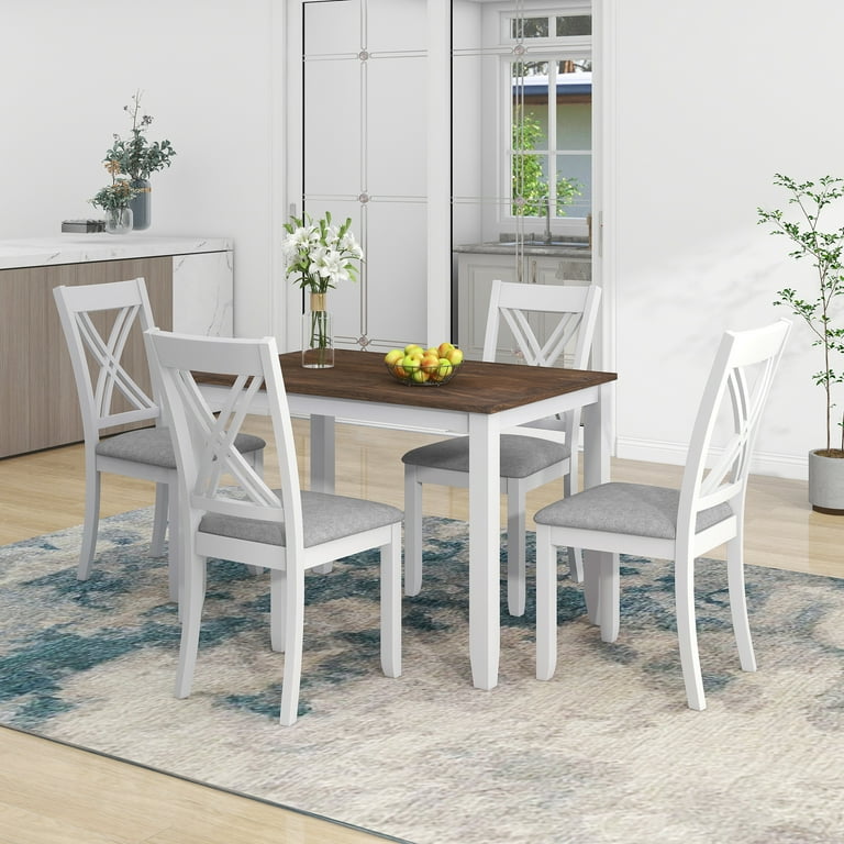 EUROCO 5 Piece Kitchen Dining Table and Chair Set 44.5 Solid Wood Dining Room Table Set with 4 X Back Upholstered Dining Chairs Rectangle Dining