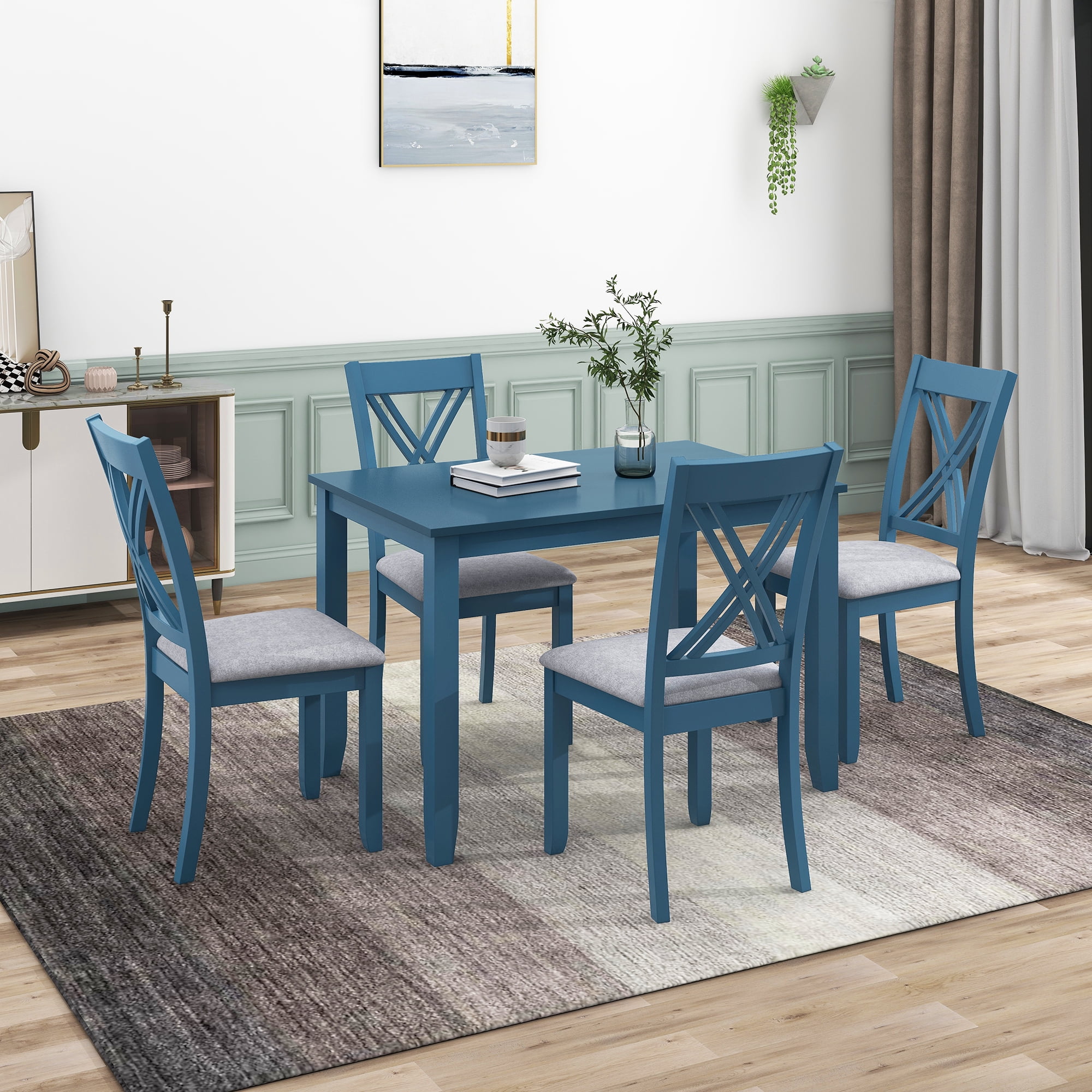 EUROCO 5-Piece Kitchen Dining Table and Chair Set, 44.5" Solid Wood Dining Room Table Set with 4 ...