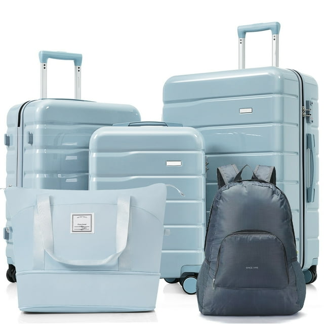 EUROCO 5 Piece Luggage Sets,ABS Hardside Carry On Suitcase with TSA Lock, Side hooks,4 360° Spinner Wheels,Expandable Duffel Bag & Foldable Backpack,20"/24"/28",Blue