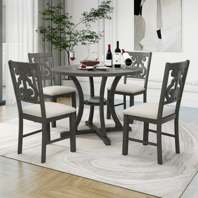 EUROCO 5-Piece Round Dining Table Set for 4, 42" Retro Kitchen Table ...