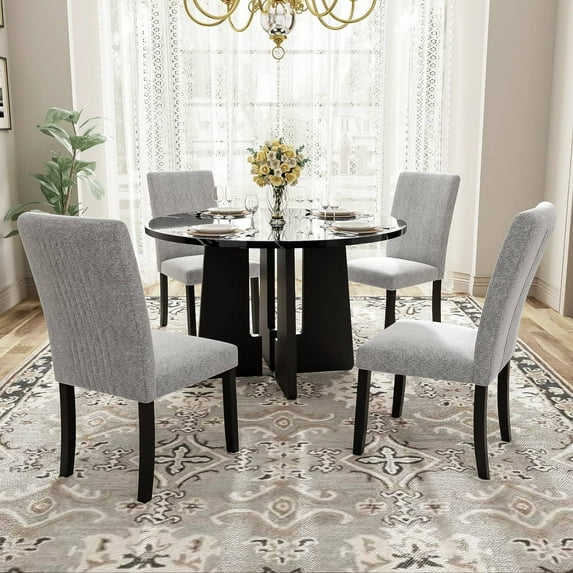 EUROCO 5-Piece Round Dining Table Set for 4, 43.3'' Kitchen Room Table with 4 Upholstered Chairs and Solid Wood Frame,Kitchen Table Set for Home Living Dining Room, Grey & Black