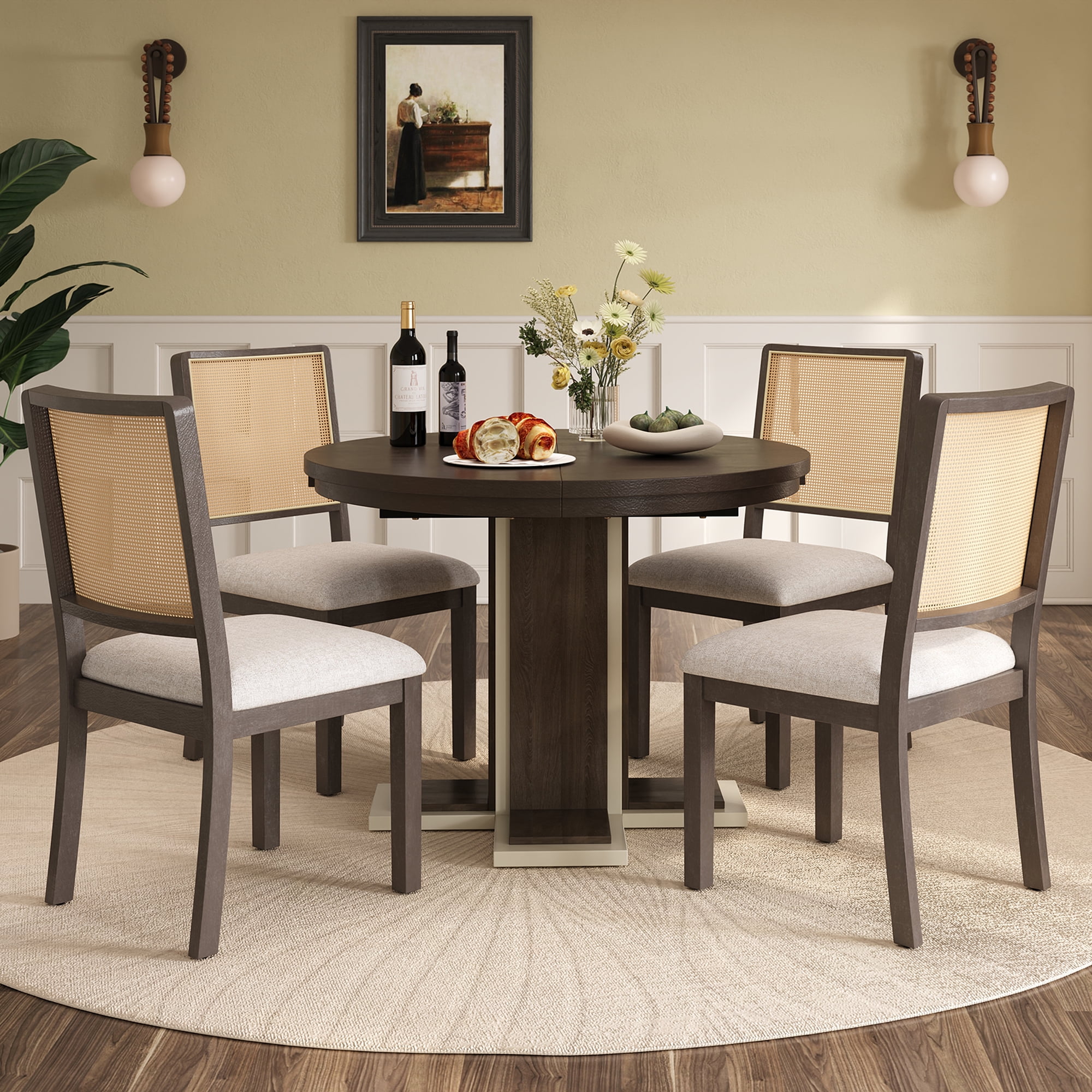 Euroco 5 Piece Round Dining Table Set for 4,Extendable Kitchen Table Set with 4 Upholstered Chairs and Double Layer Design,58" Oval Dining Table Set for Kitchen Room, Espresso