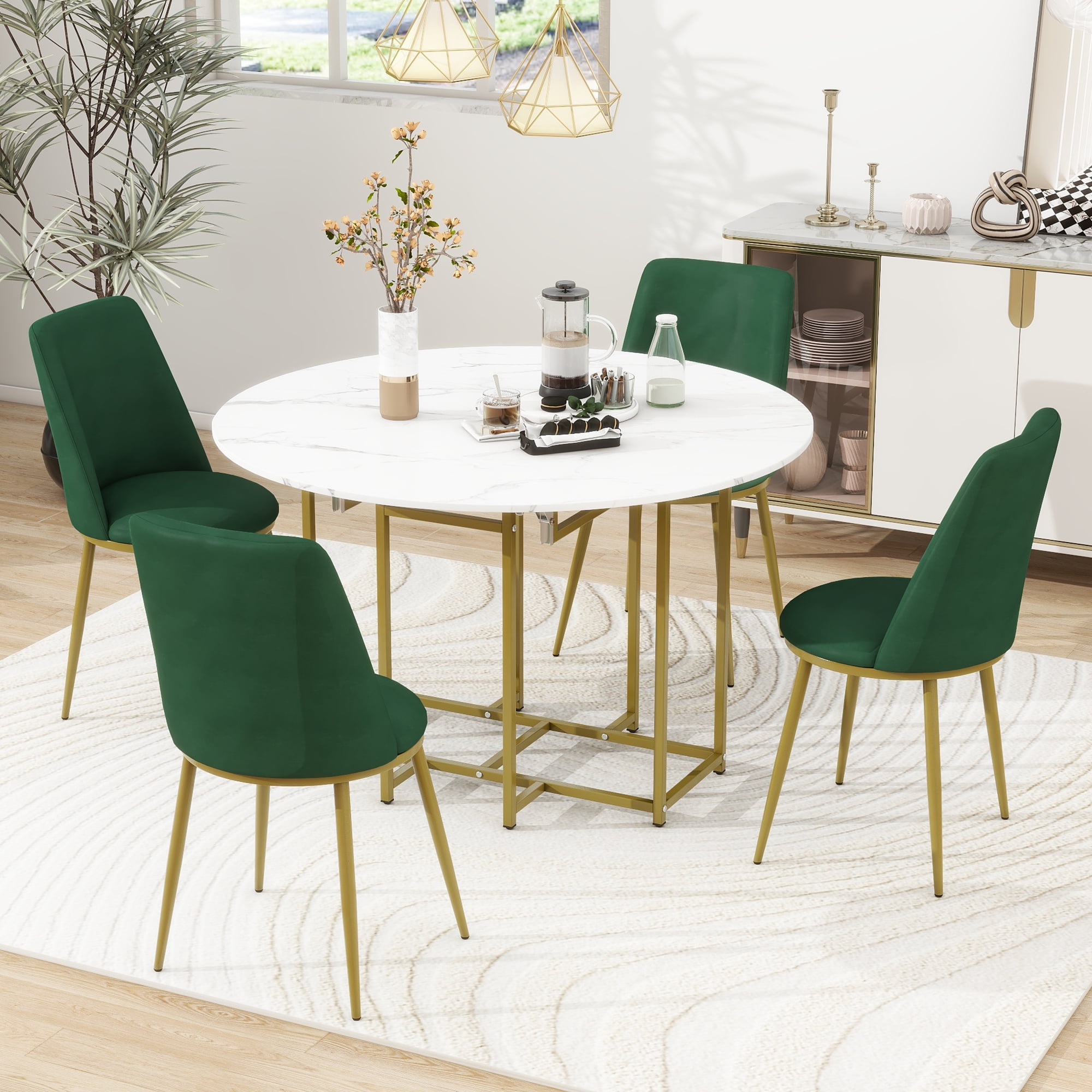 Euroco 5-Piece Round Dining Table Set, 47.2" Extendable Kitchen Table Set with Golden Frame and 4 Upholstered Chairs,Modern Table & Chair Set for Kitchen Dining Room, Office, Save Space