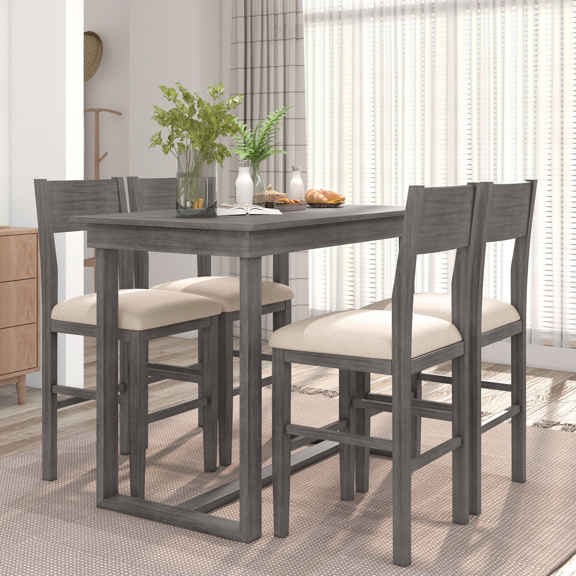 EUROCO 5-Piece Solid Wood Counter Height Dining Table Set for 4,47.2" Dining Room Set with One Rectangular Table and 4 Fabric Chairs,Rectangle Dining Table Set for 4