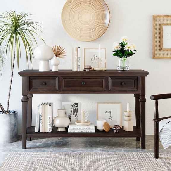 EUROCO 50" Classic Retro Style Console Table, Wood Furniture with 3 Top Drawers and Open Style Bottom Shelf, Espresso