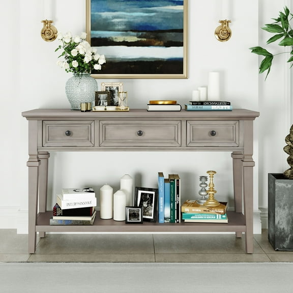 EUROCO 50" Classic Retro Style Console Table, Wood Furniture with 3 Top Drawers and Open Style Bottom Shelf, Gray Wash