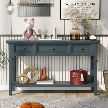 EUROCO 50" Classic Retro Style Console Table, Wood Furniture with 3 Top Drawers and Open Style Bottom Shelf, Navy