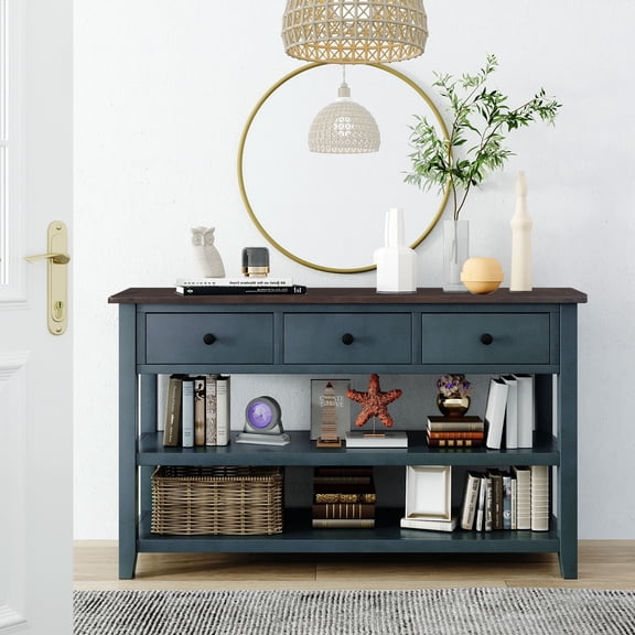 EUROCO 50" Retro Design Console Table, Storage Sofa Table with 2 Open Shelves, 3 Drawers, Pine Solid Wood Frame and Legs for Living Room, Navy
