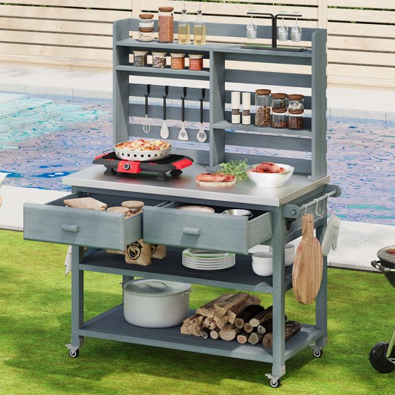 EUROCO 500LBS 64.9"H Solid Fir Wood Potting Bench with Stainless Top & 4 Wheels,Large Modular Garden Work Table with 4 Hooks,Bottle Opener,4 Shelves and 2 Drawers,Outdoor Potting Table for Porch