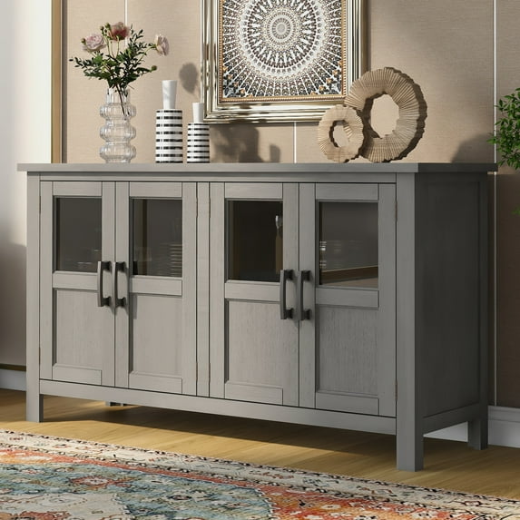 EUROCO 51'' Sideboard Cabinet, Acacia Solid Wood Buffet Cabinet with 4 doors, Tempering Glass, Adjustable Shelf and Metal Handles, for Entryway, Living Room, Bedroom,Natural