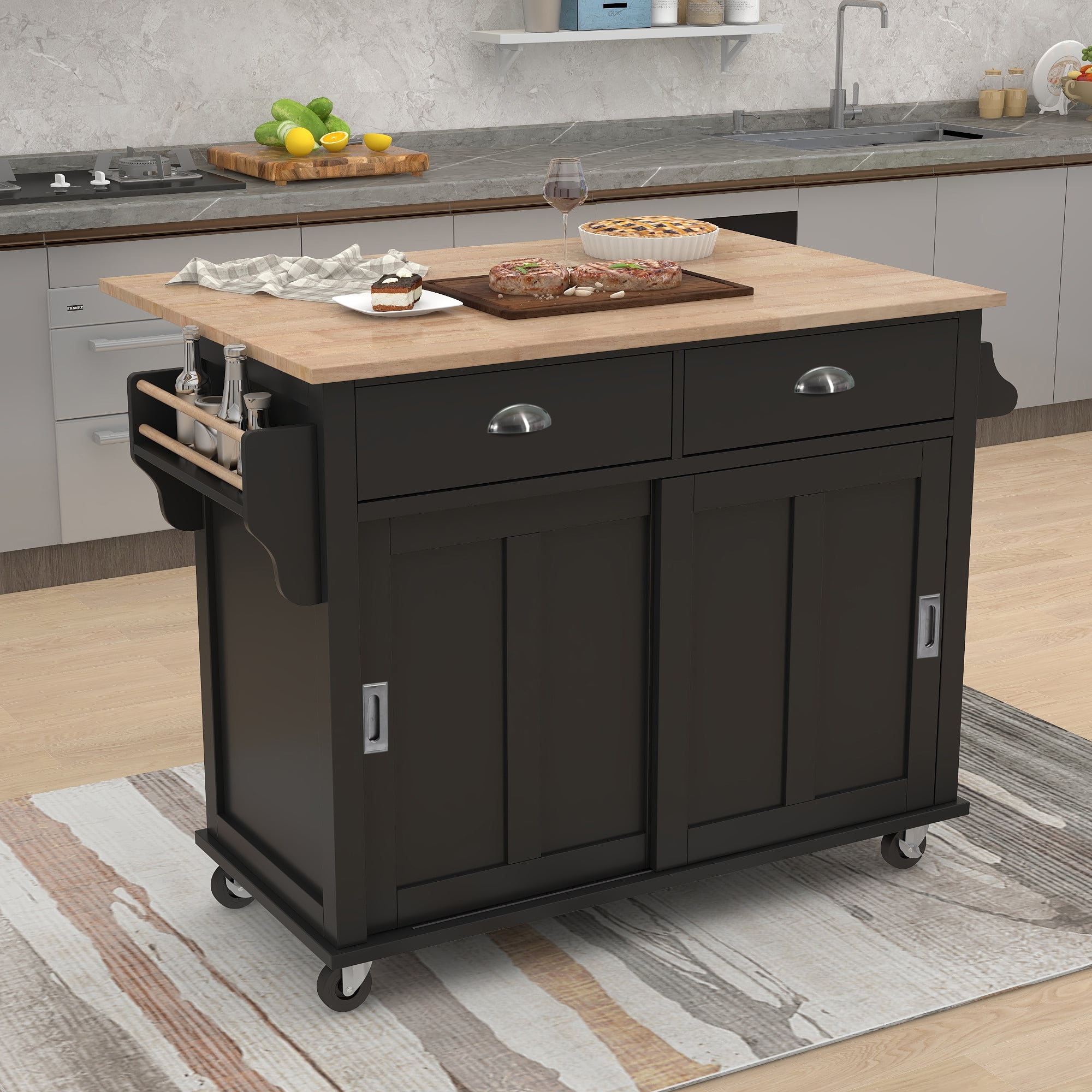 EUROCO 52.2" Kitchen islands Cart with Storage on Wheels, Kitchen Cart with Rubber Wood Drop