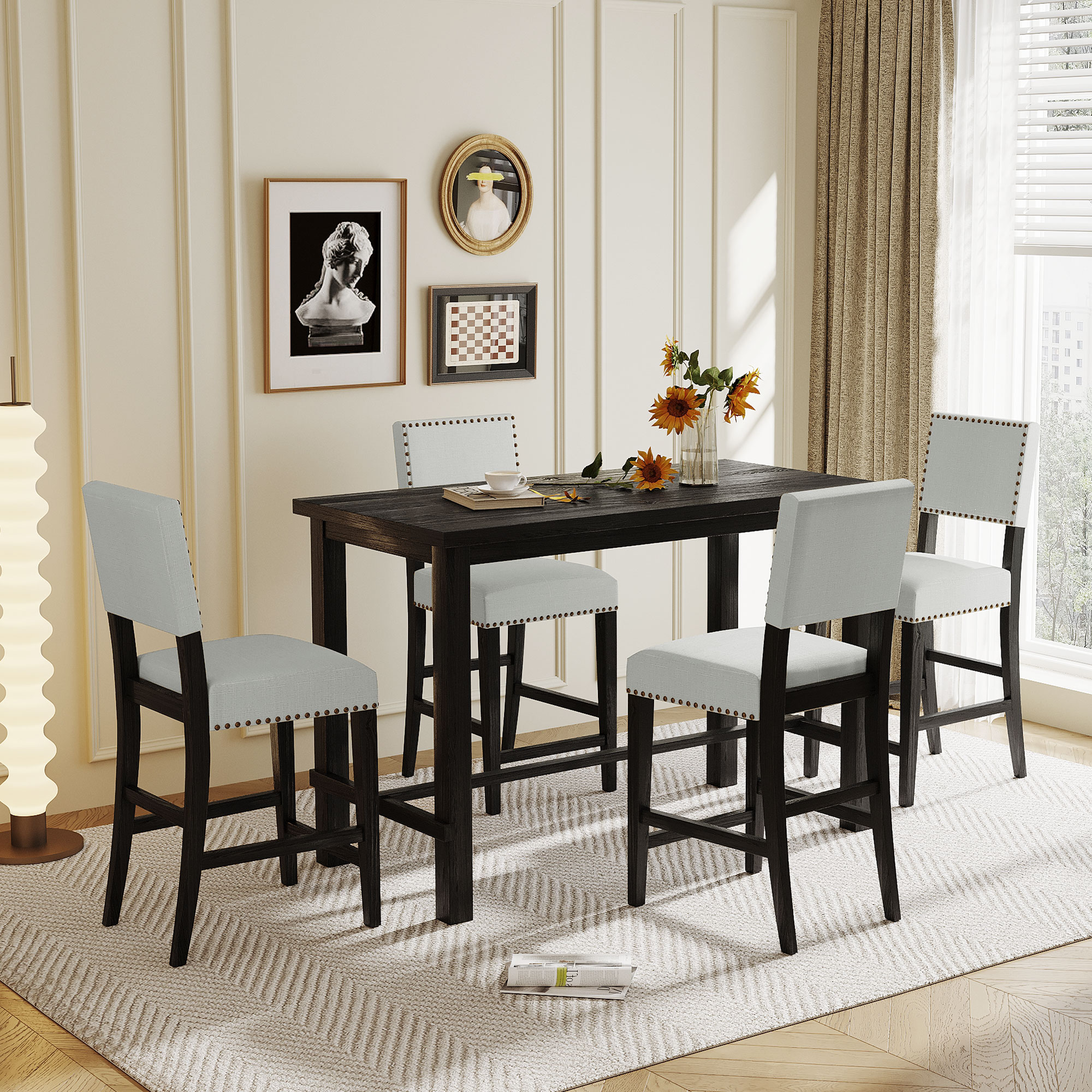 Euroco Counter Height 5-Piece Dining Table Set 4 Cushioned Chairs Espresso and Beige