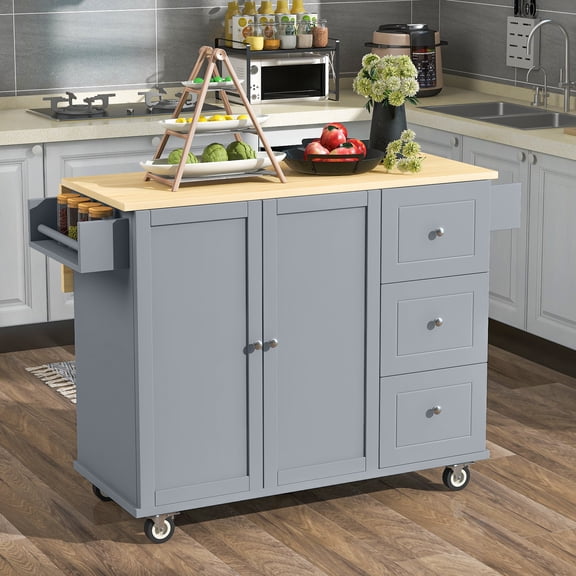 EUROCO 52.7" Kitchen islands with Drop Leaf ,Solid Wood Kitchen islands with Storage on Wheels Breakfast Bar,2 Doors,3 Drawers, Spice Rack and Towel Rack,Grey