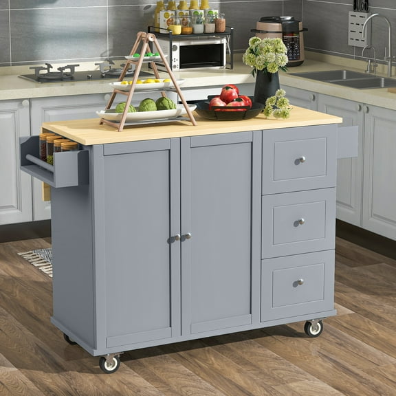 EUROCO 52.7" Kitchen islands with Drop Leaf ,Solid Wood Kitchen islands with Storage on Wheels Breakfast Bar,2 Doors,3 Drawers, Spice Rack and Towel Rack,Grey