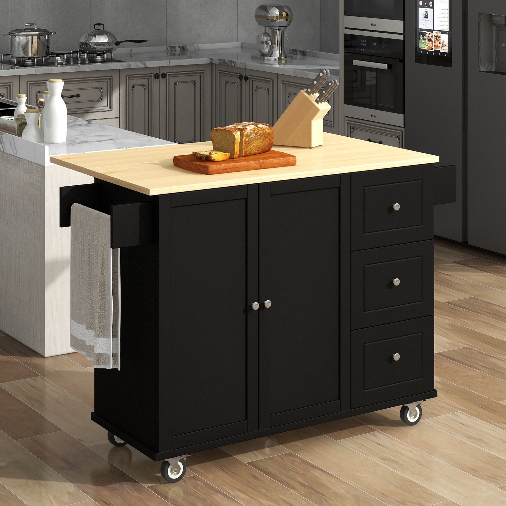 EUROCO 52.7" Kitchen islands with Storage on Wheels,Solid Wood Kitchen