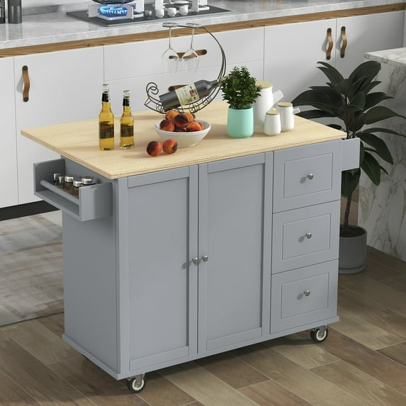 EUROCO 52.7" Kitchen islands with Storage on Wheels,Solid Wood Kitchen islands with Drop Leaf Breakfast Bar,2 Doors,3 Drawers, Spice Rack and Towel Rack,Grey Blue