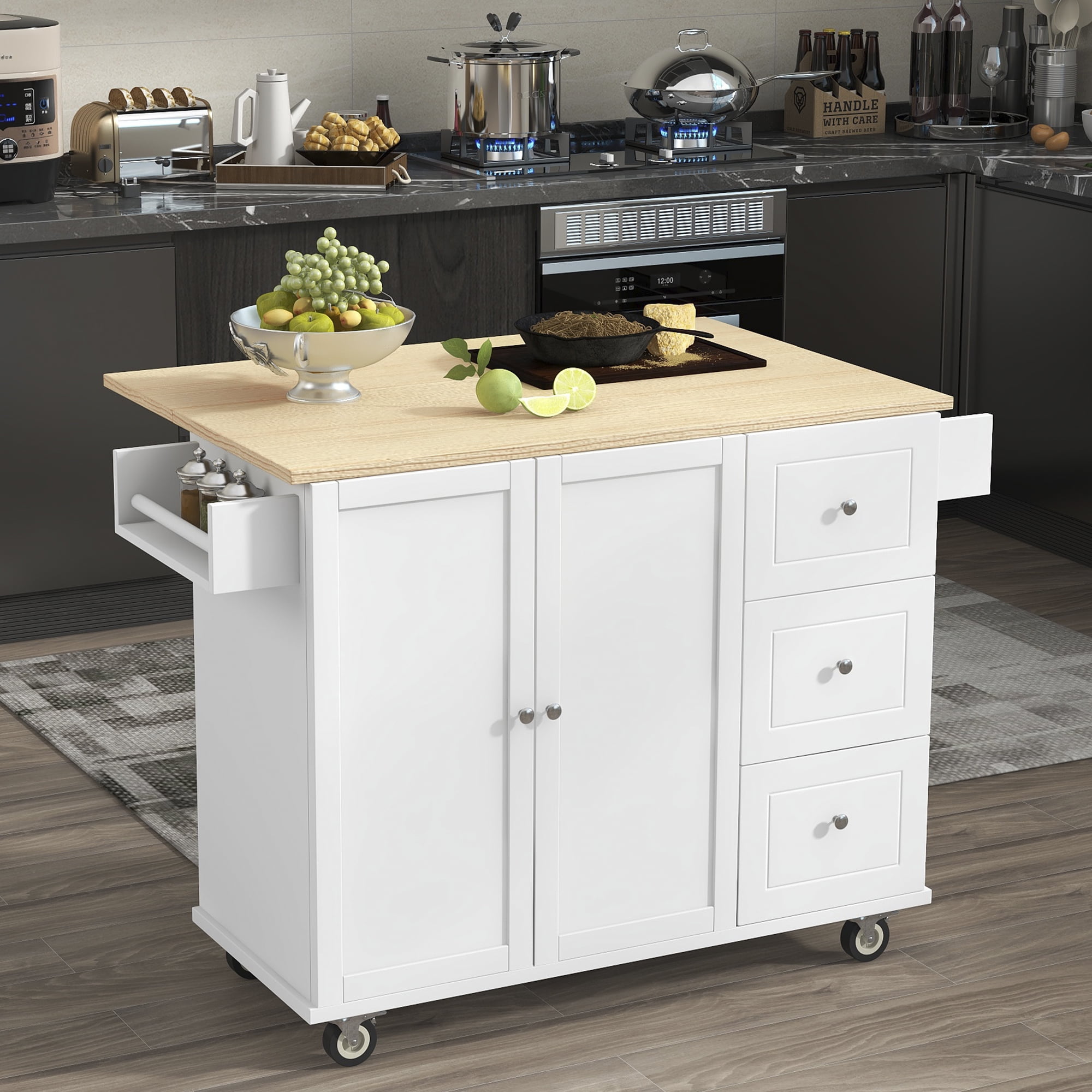 EUROCO 52.7" Kitchen islands with Storage on Wheels,Solid Wood Kitchen