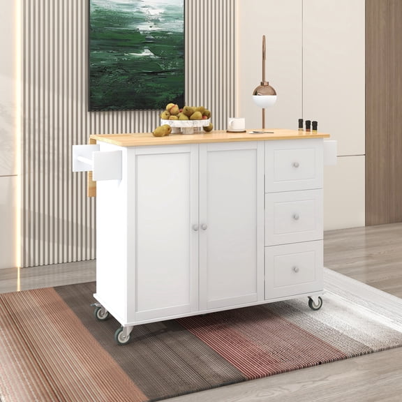 EUROCO 52.7" Kitchen islands with Storage on Wheels,Solid Wood Kitchen islands with Drop Leaf Breakfast Bar,2 Doors,3 Drawers, Spice Rack and Towel Rack,White