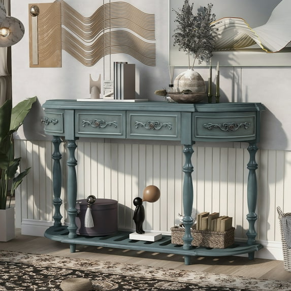EUROCO 52'' Console Table Sofa Table for Entryway with 4 Drawers and Storage Shelf for Living Room Hallway Foyer Office,Antique Blue