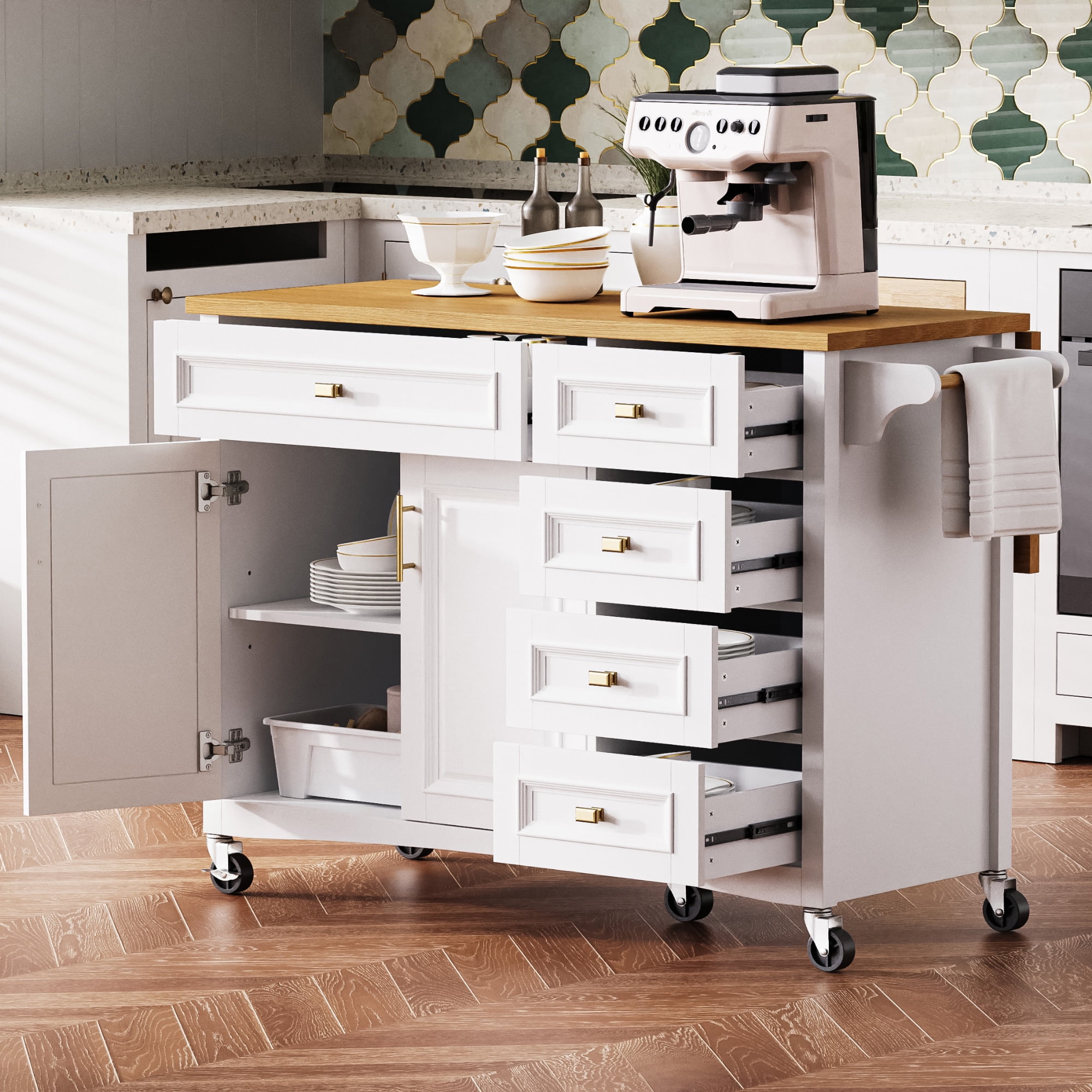 Euroco 52" Kitchen Island with Drop Leaf,Rolling Kitchen Island Cart on Wheels with Spice Rack,Towel Rack,2 Doors and 5 Drawers for Dining room,White