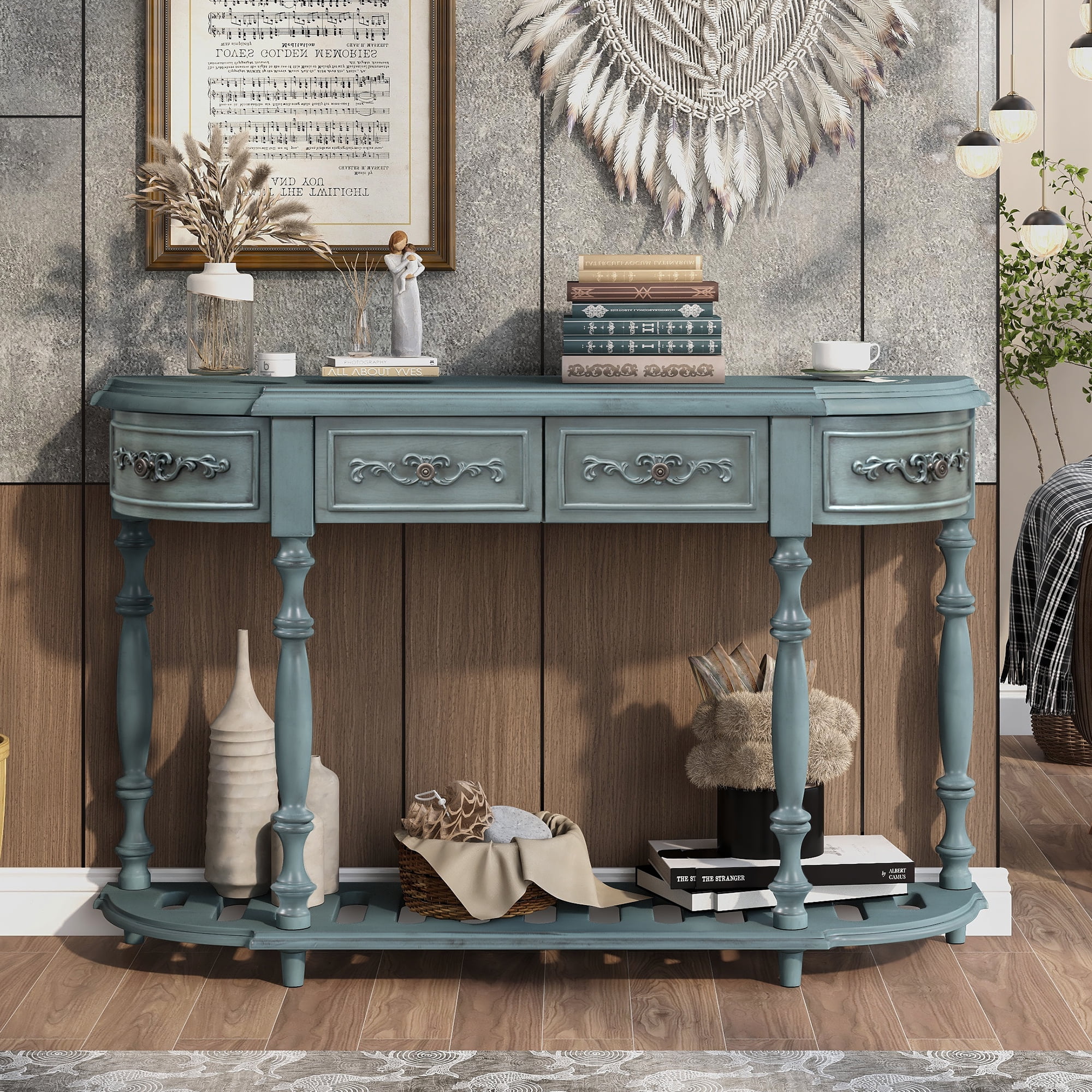 EUROCO 52" Longer Curved Console Table, Half Moon Sofa Table Entry Table with 4 Drawers,1 Open Shelf and Solid Wooden Frame for Living Room,Entryway,Hallway,Antique Blue