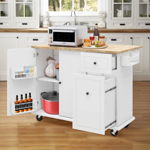 EUROCO 53.9" Longer Rolling Kitchen Island with Drop Leaf,Kitchen cart with Storage, Rubber wood Countertop, 2 Soft-Closing Doors ,Storage Rack and New-Designed 3-Tier Pull Out Cabinet,White