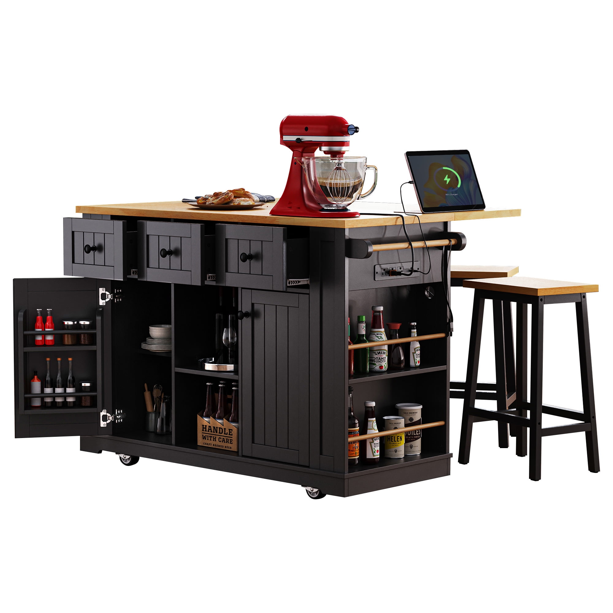 Euroco 53" Kitchen Island Cart with Power Outlet and 2 Stools, Rolling Storage Cart on Wheels with Drop Leaf, Door Internal Storage Rack  & 3 Drawers