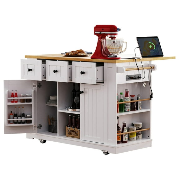 Euroco53" Kitchen Island Cart with Power Outlet, Rolling Kitchen Cart on 5 Wheels with Drop Leaf, 3 Drawers,Door Internal Storage Rack for Dining Room