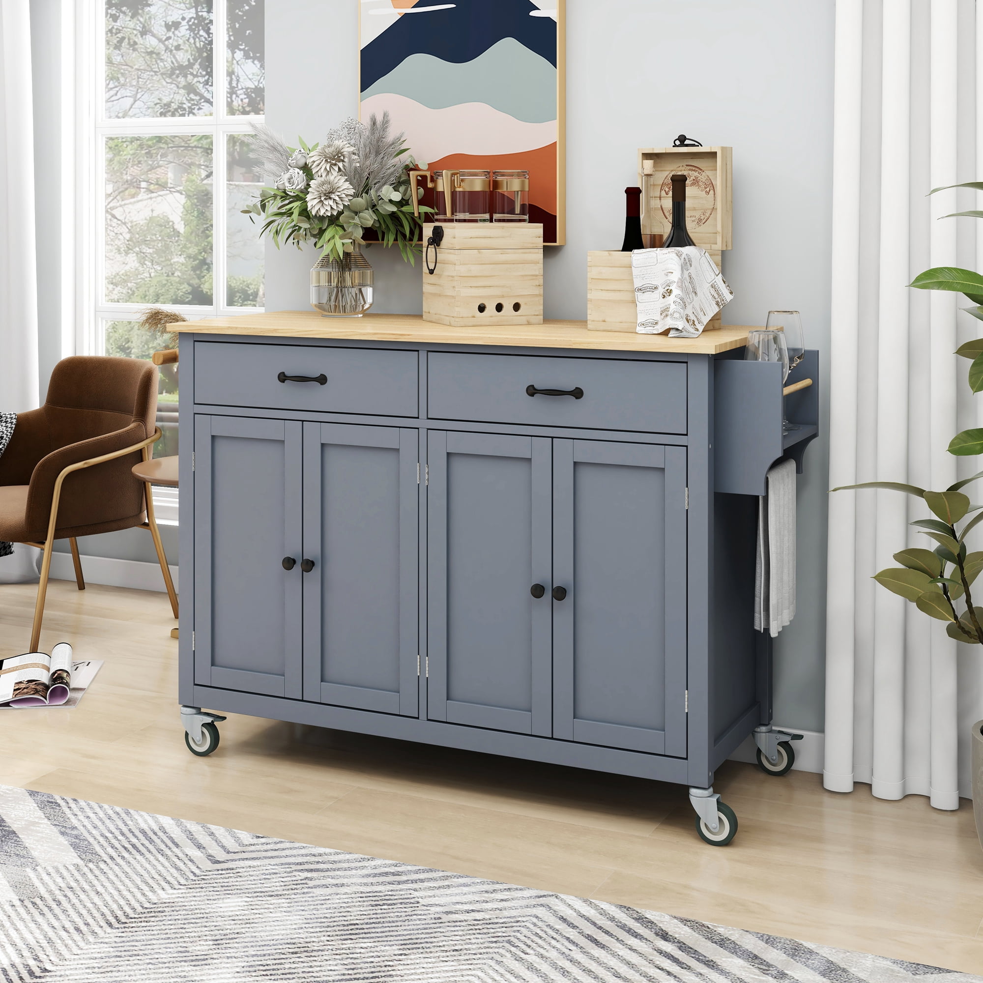 Euroco 54.3" Kitchen islands Cart with Storage on Wheels, Kitchen Cart with Spice Rack, Towel Rack,Adjustable Shelf and 2 Drawers for Dining Room