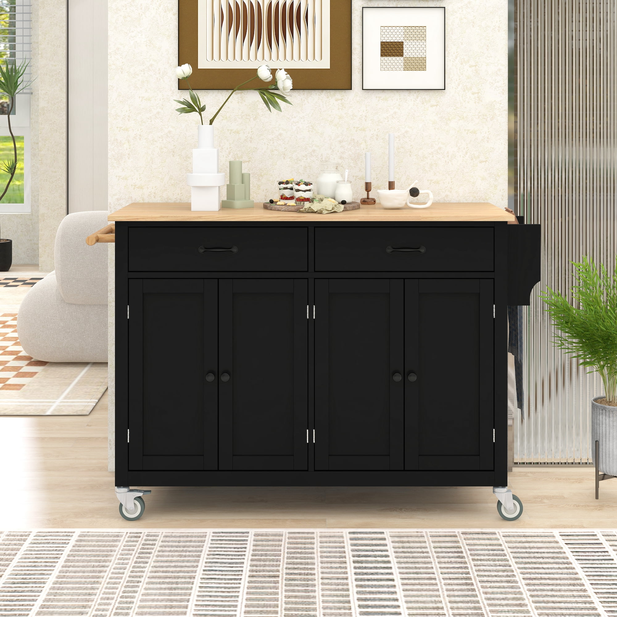 Euroco 54.3" Kitchen islands Cart with Storage on Wheels, Kitchen Cart with Spice Rack, Towel Rack,Adjustable Shelf and 2 Drawers for Dining Room