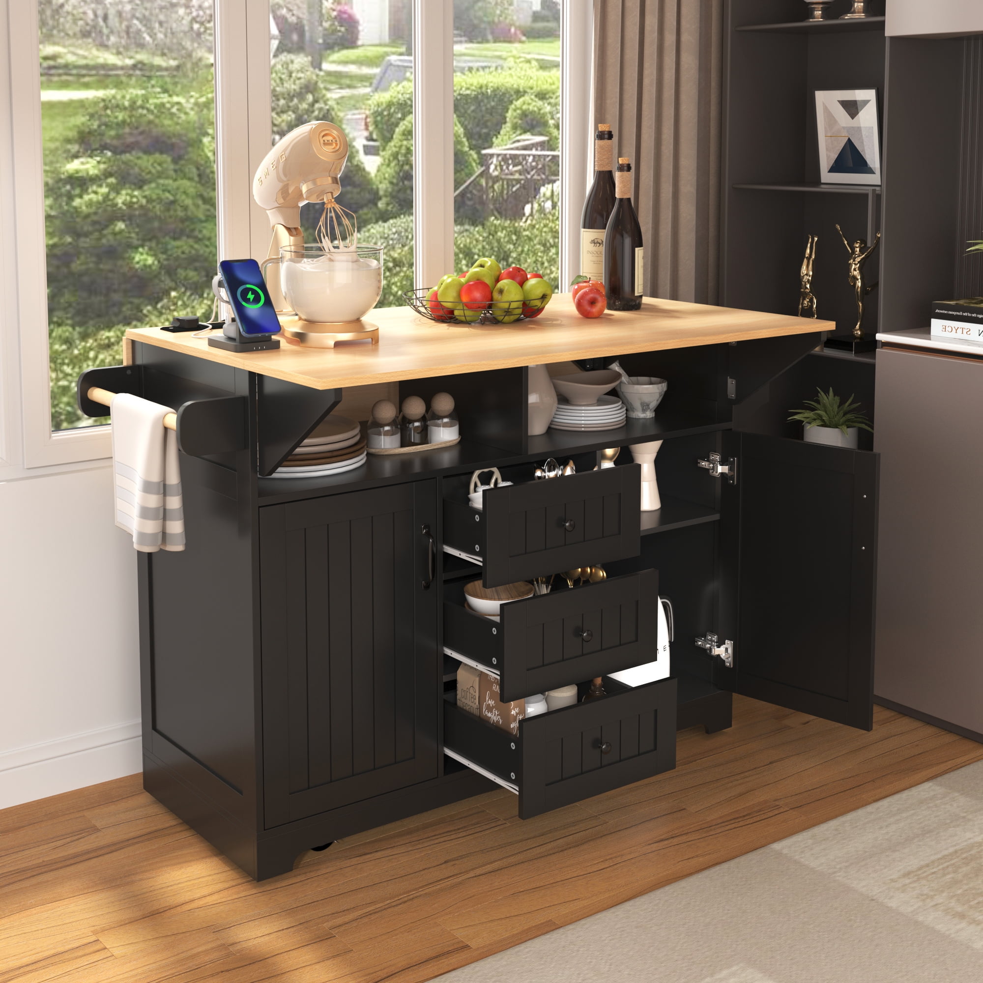 EUROCO 55.7" Large Kitchen Island with 2 Drop Leaves,Rolling Kitchen Island on 5 Wheels with Power Outlet,3 Drawers,Spice and Towel Rack , Folding Storage Dining Table for Kitchen,Dining Room,Black