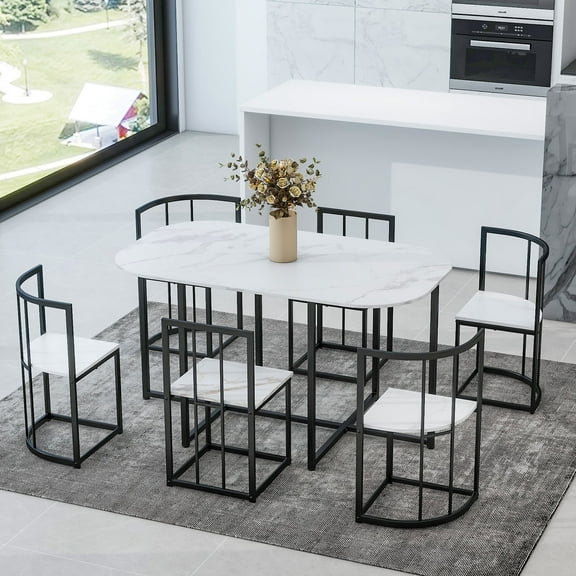 EUROCO 53.5"L Modern 7-Piece Dining Table Set with Faux Marble Compact, Kitchen Table Set for 6, Black+White