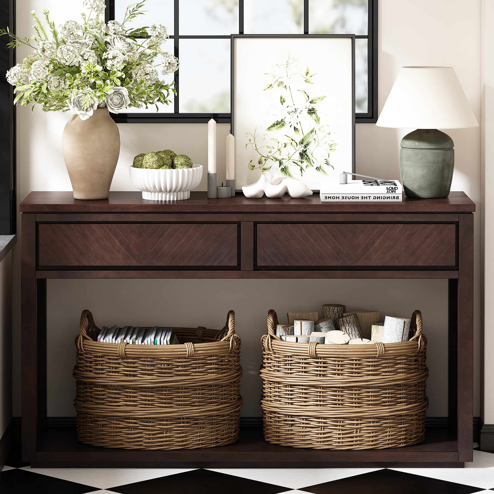 EUROCO 55" Long Console Table with 2 Drawers,Wooden Entryway Table with Open Storage Shelf, Sofa Table Behind Couch Foyer Tables for Living Room Hallway Entrance,Espresso