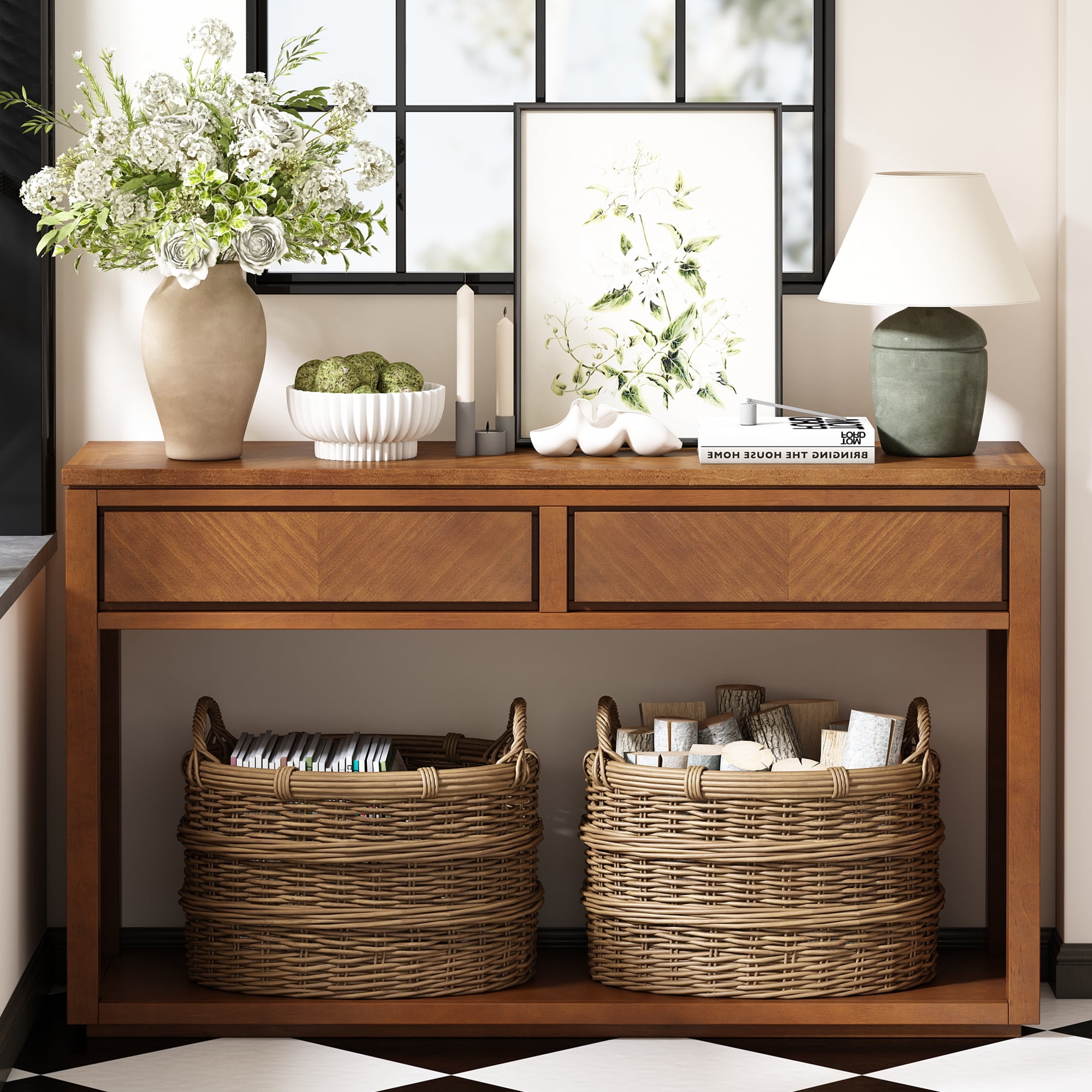EUROCO 55" Long Console Table with 2 Drawers,Wooden Entryway Table with Open Storage Shelf, Sofa Table Behind Couch Foyer Tables for Living Room Hallway Entrance,Honey