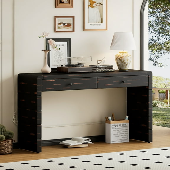 EUROCO 55" Long Console Table,Curved Entryway Table with 2 Storage Drawers,Farmhouse Wood Sofa Table Behind Couch for Living Room, Entrance, Hallway,Black