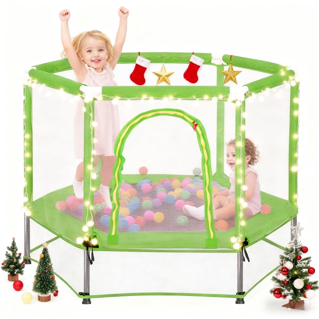 EUROCO 55" Mini Toddler Trampoline with Ocean Balls, No-Gap Design, Small Round Trampoline for Kids with Upper&Lower Safety Net