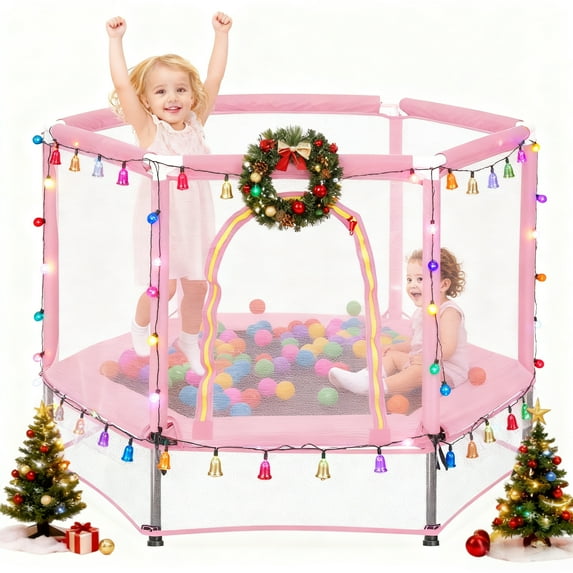 EUROCO 55" Mini Toddler Trampoline with Ocean Balls, No-Gap Design, Small Round Trampoline for Kids with Upper&Lower Safety Net