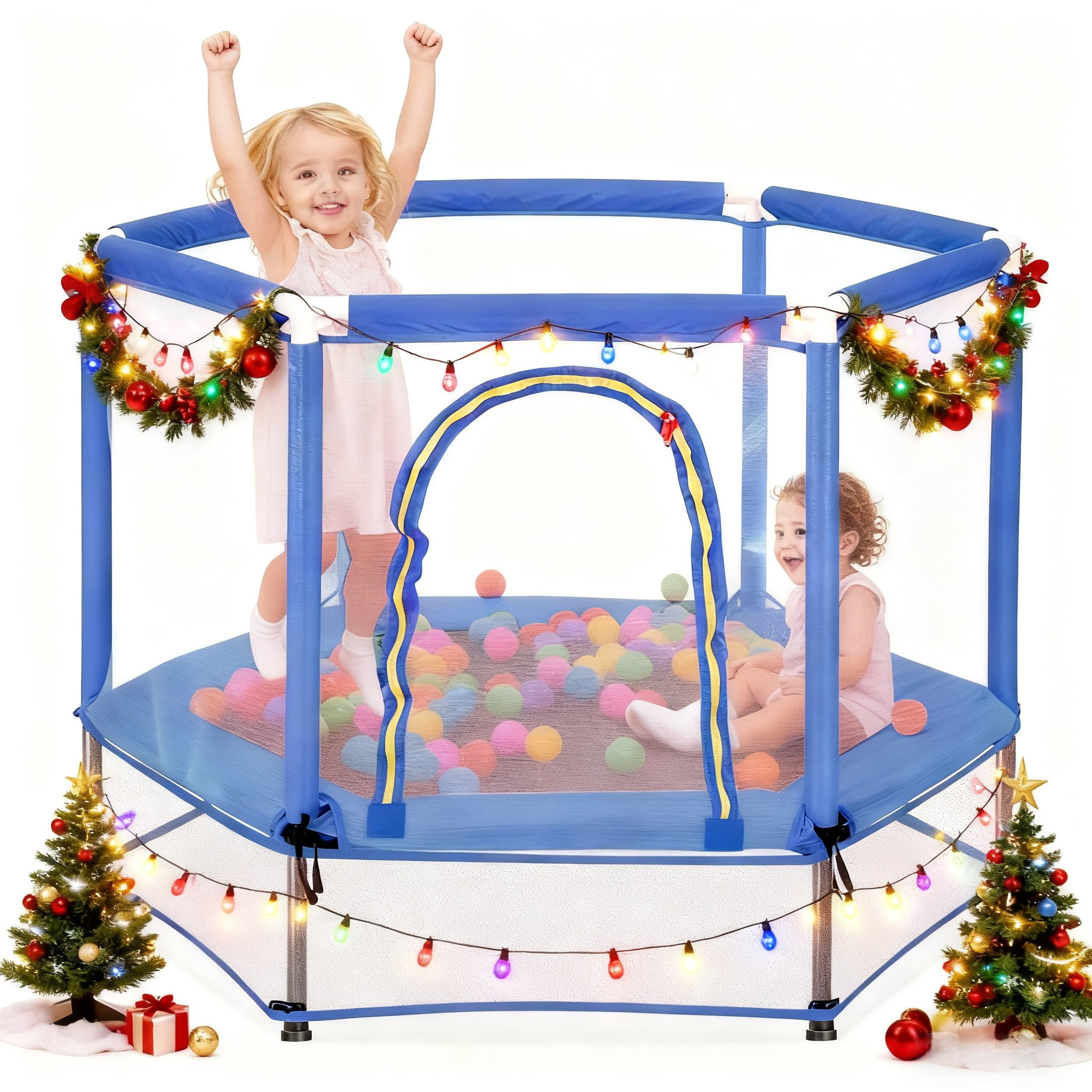 EUROCO 55" Mini Toddler Trampoline with Ocean Balls, No-Gap Design, Small Round Trampoline for Kids with Upper&Lower Safety Net