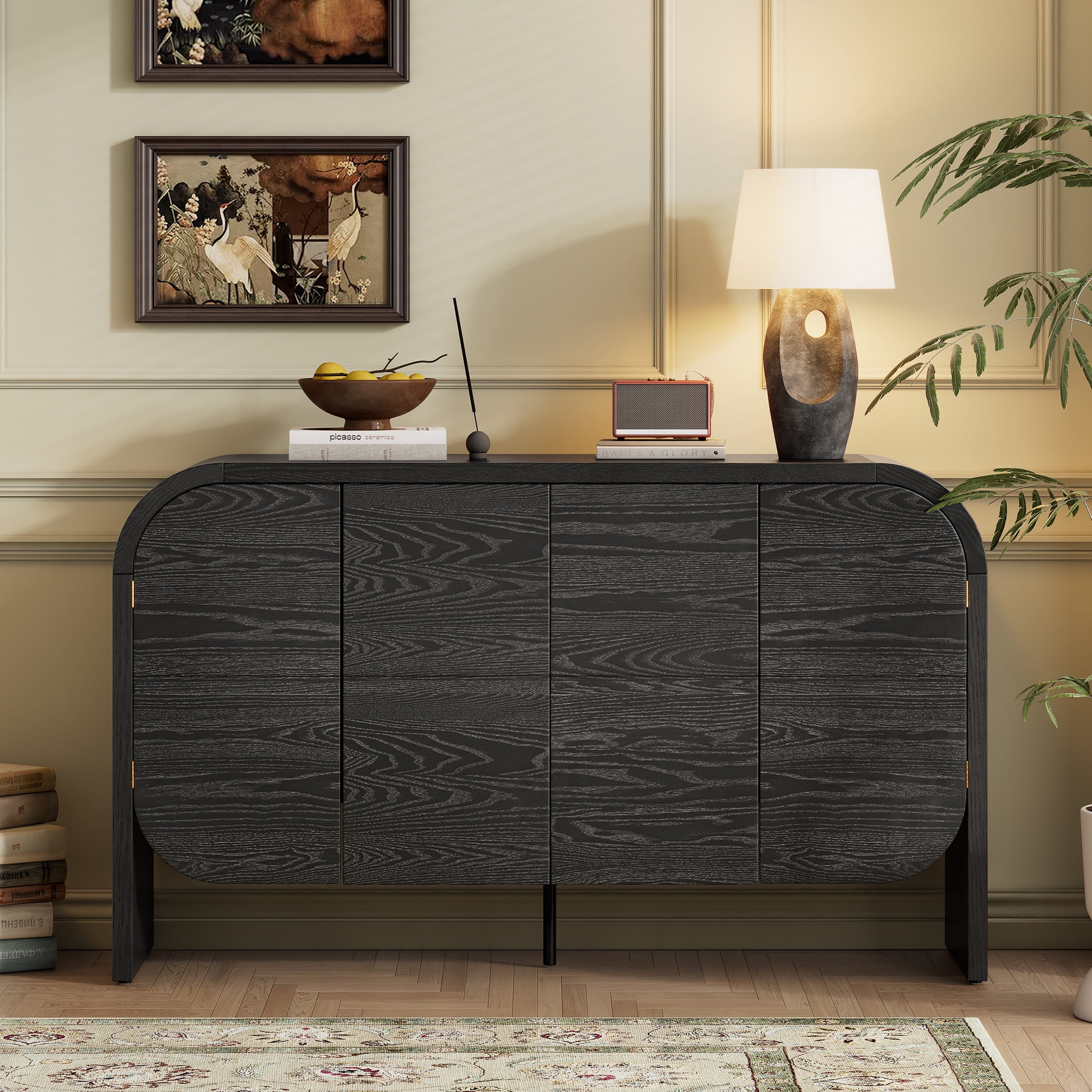 EUROCO 56" Sideboard Buffet Cabinet with Storage,Wood Storage Cabinet with Adjustable Shelves and 4 Doors,Retro Console Table for Kitchen, Living Room,Entryway,Black
