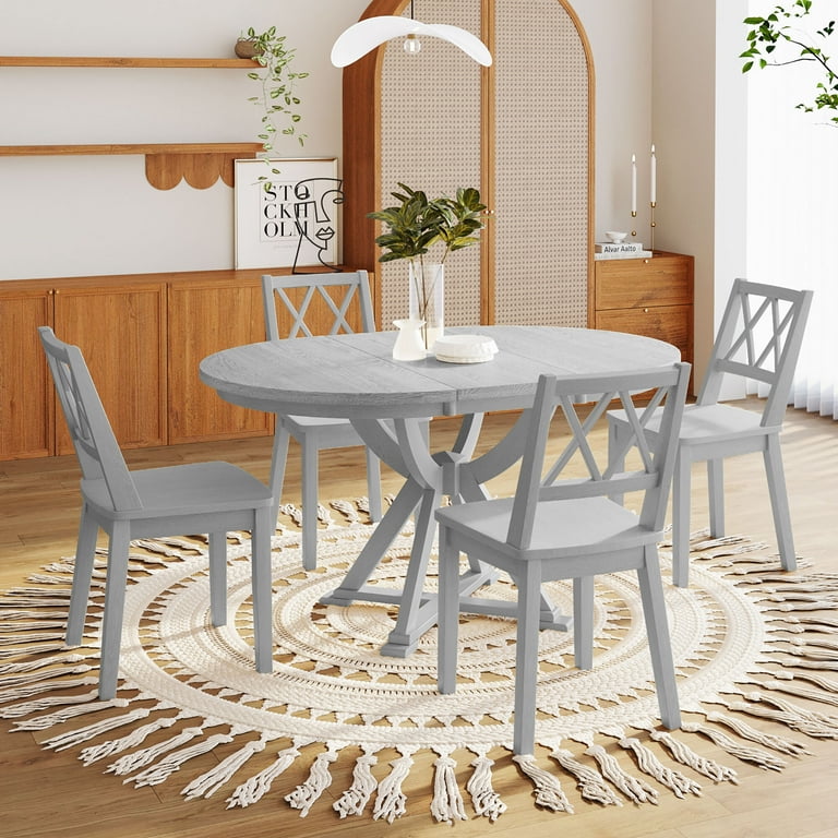 EUROCO 57 5PCS Farmhouse Extendable Dining Table Set for 4 Rubberwood Round Dining Room Table Set with Removable Leaf and 4 Ergonomic Design Dining