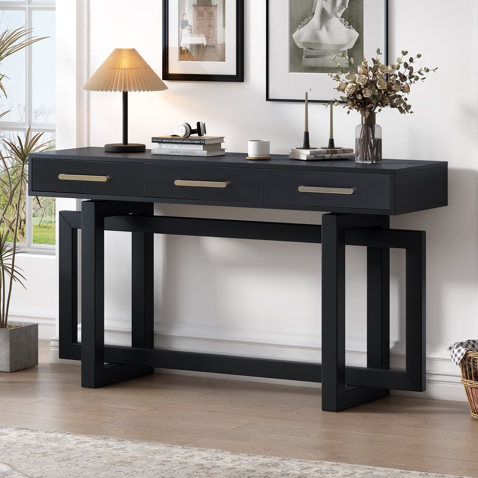 EUROCO 57" Long Console Table,Wood Sofa Table for Entryway with 3 Drawers for Living Room Hallway Foyer Office,Black