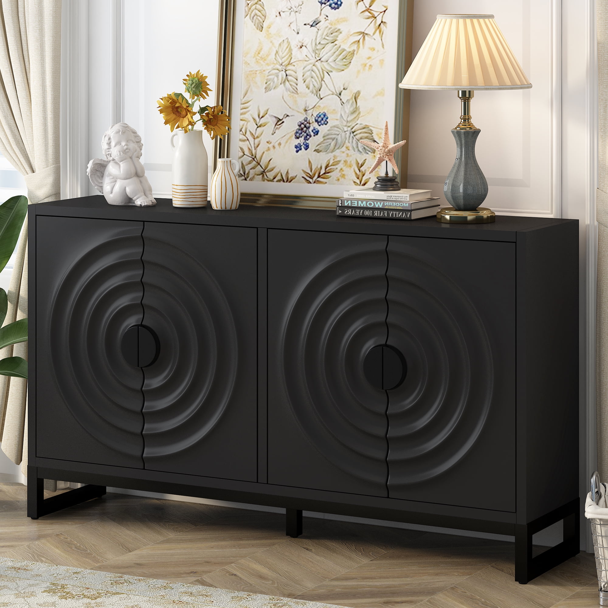 EUROCO 58.2" Sideboard Buffet Cabinet,Large Storage Cabinet with 4 Doors and Adjustable Shelves,Wood Coffee Bar Cabinet for Entryway,Living Room and Study Room,Black
