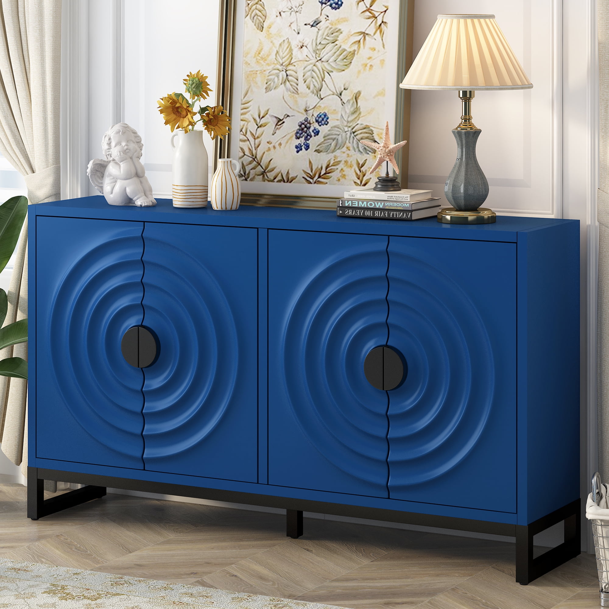 EUROCO 58.2" Sideboard Buffet Cabinet,Large Storage Cabinet with 4 Doors and Adjustable Shelves ,Wood Coffee Bar Cabinet for Entryway,Living Room and Study Room,Navy Blue