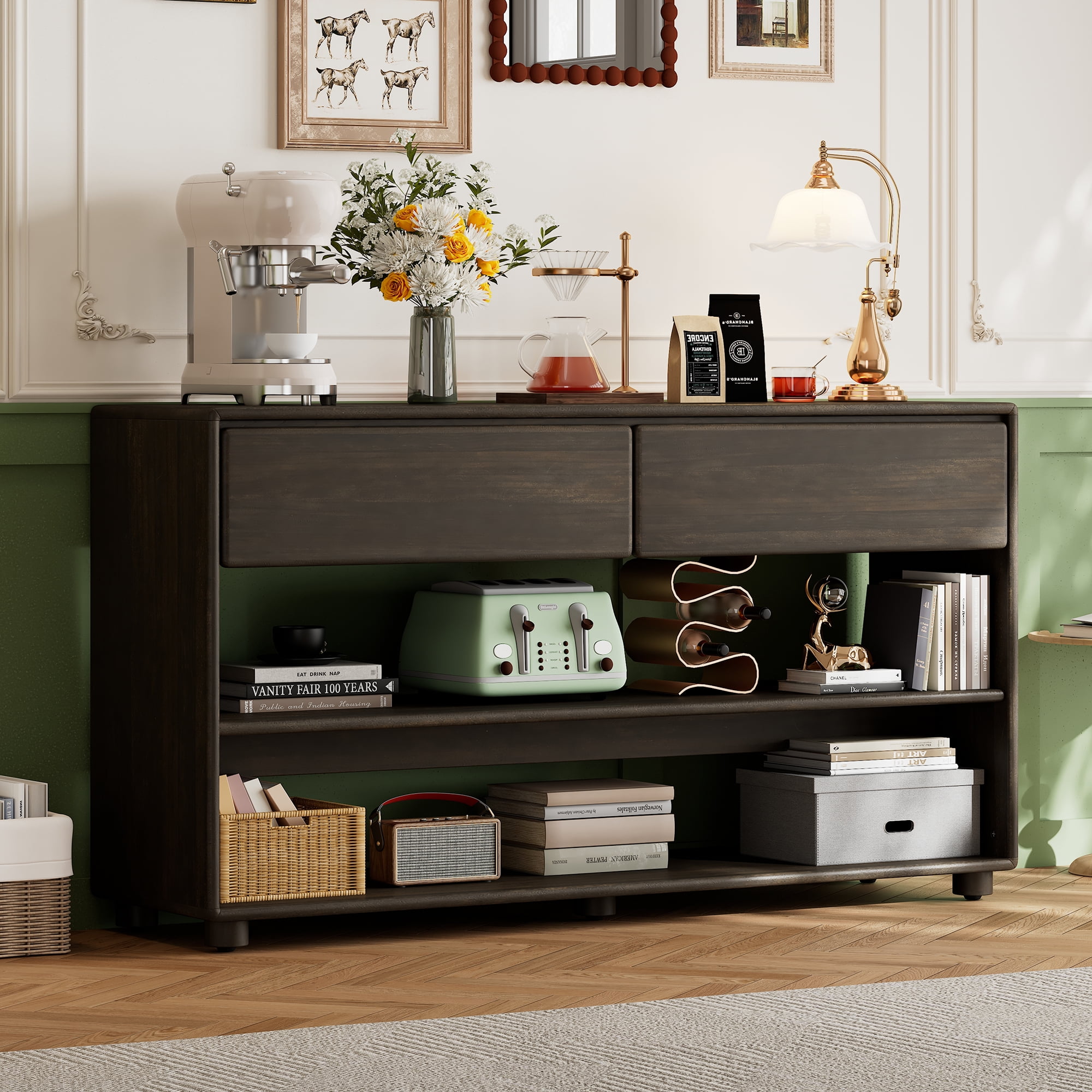 EUROCO 58.3" Long Console Table,Vintage Wood Entryway Table with 2 Drawers and Open Storage Shelves,3-Tier Sofa Table for Entryway,Hallway, Living Room,Espresso
