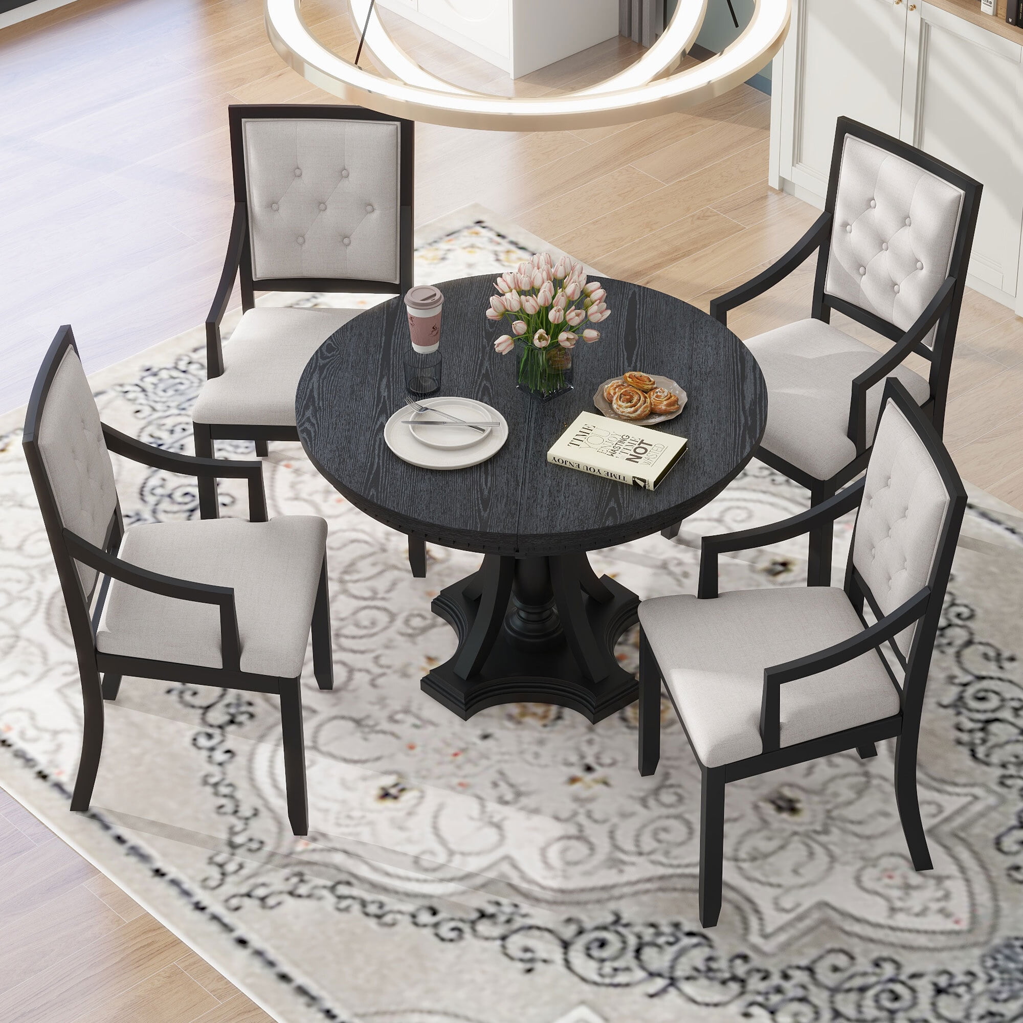 Free Shipping EUROCO 58 5PCS Retro Dining Table Set for 4 Solid Wood Dining Room Table Set with Round Extendable Dining Table and 4 Upholstered Dining Chairs Black Walmart