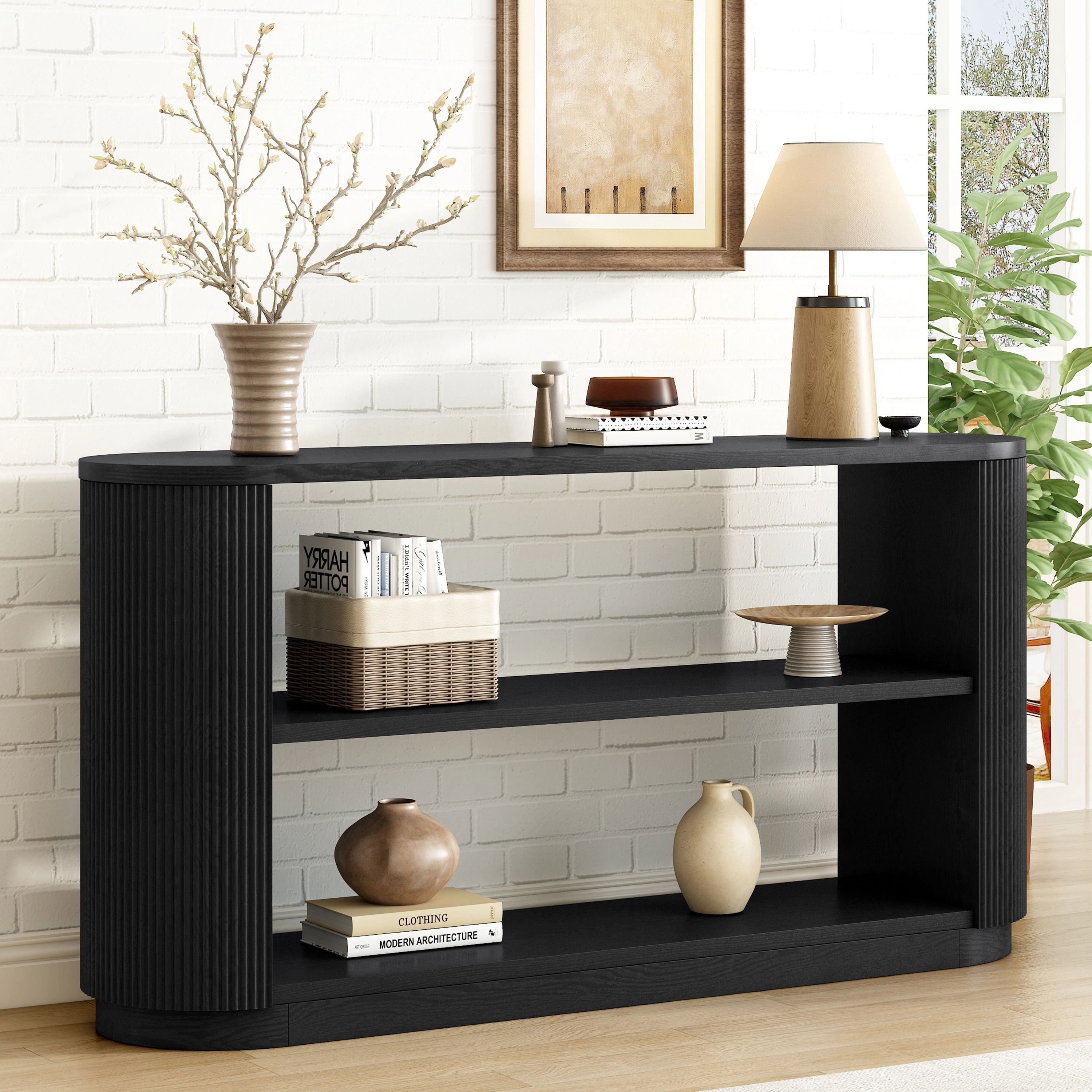 EUROCO 58" Modern Console Table, 3-Tier Sofa Table Behind Couch Accent Tables with Open Shelf & Elegant Wood Grain,Hallway Table for Living Room,Black