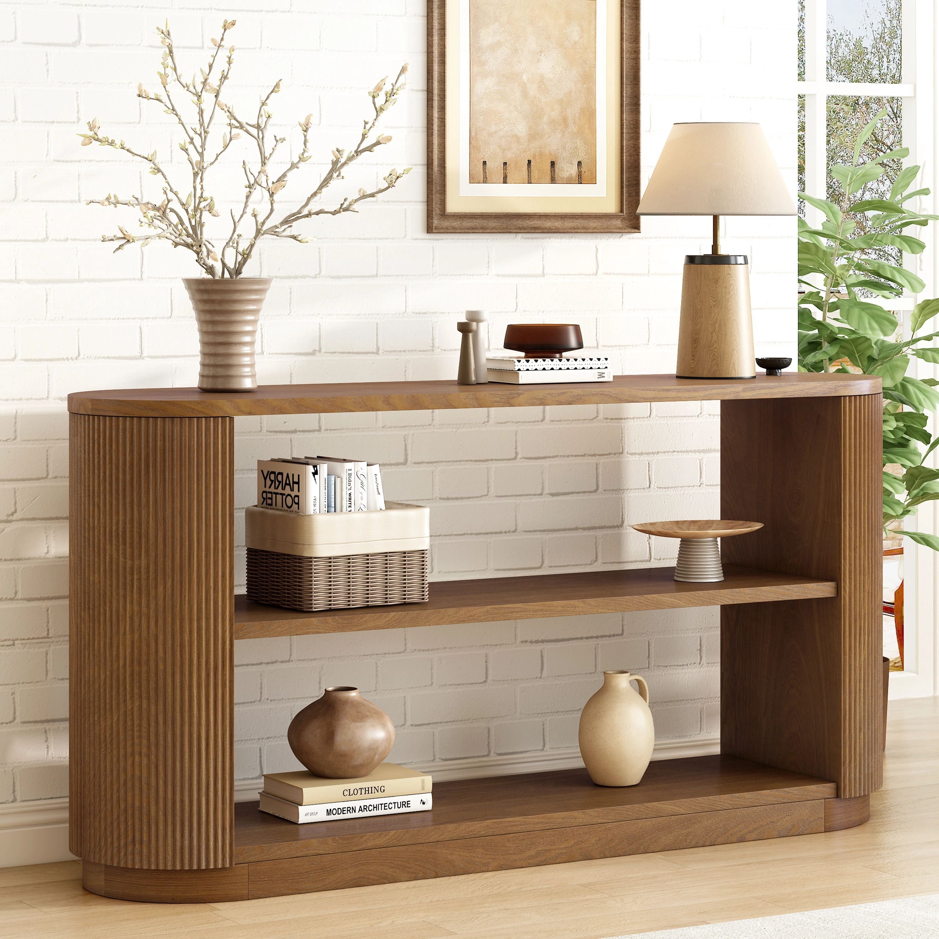 EUROCO 58" Modern Console Table, 3-Tier Sofa Table Behind Couch Accent Tables with Open Shelf & Elegant Wood Grain,Hallway Table for Living Room,Brown