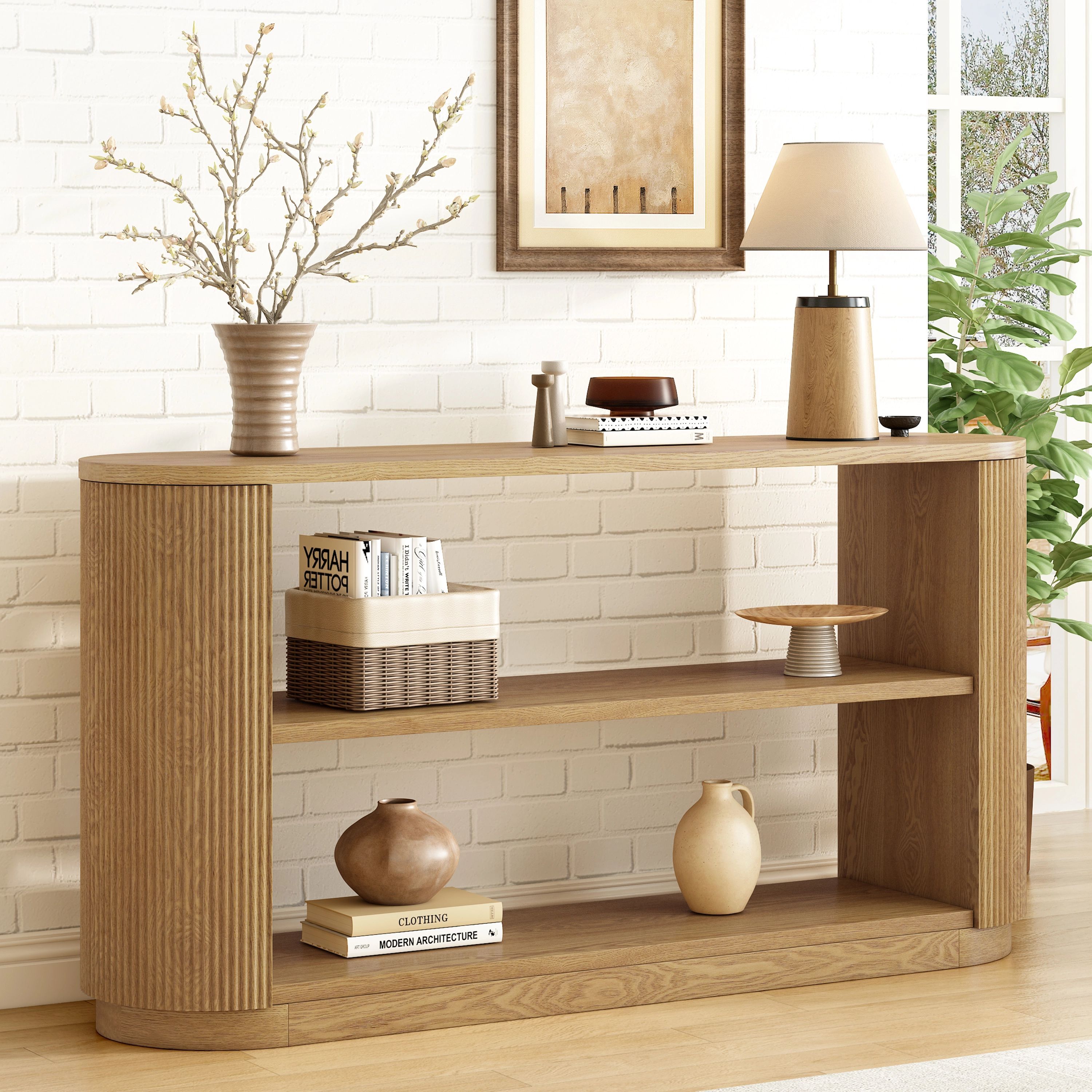 EUROCO 58" Modern Console Table, 3-Tier Sofa Table Behind Couch Accent Tables with Open Shelf & Elegant Wood Grain,Hallway Table for Living Room,Natural