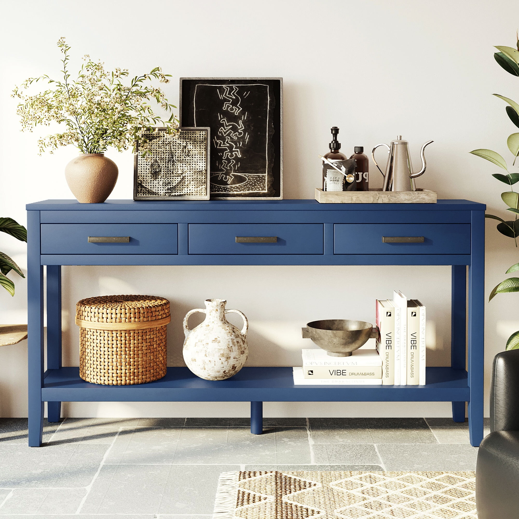 EUROCO 59.1" Longer Console Table, Narrow Wood Sofa Table with 3 Drawers and Open Storage Shelf,2 Tier Behind Couch Table Entryway Table for Living Room,Entryway,Hallway,Navy Blue